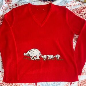 VTG 70s LEROY RAZORBACKS Appliqué Embroidered HOGS Red Unisex Sweater S/M